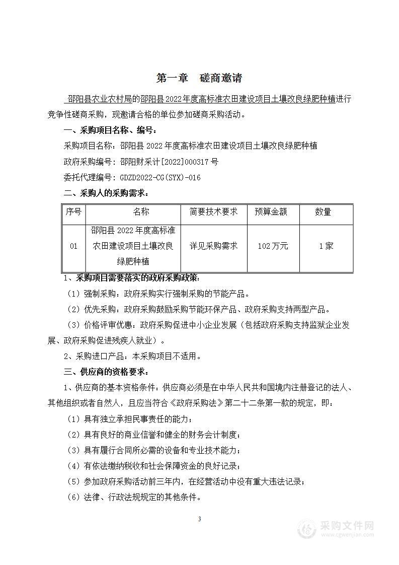 邵阳县2022年度高标准农田建设项目土壤改良绿肥种植