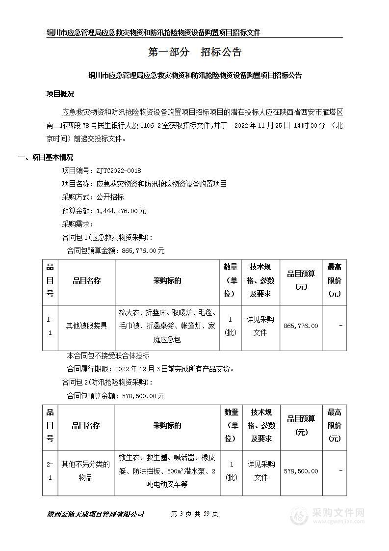 铜川市应急管理局应急救灾物资和防汛抢险物资设备购置项目