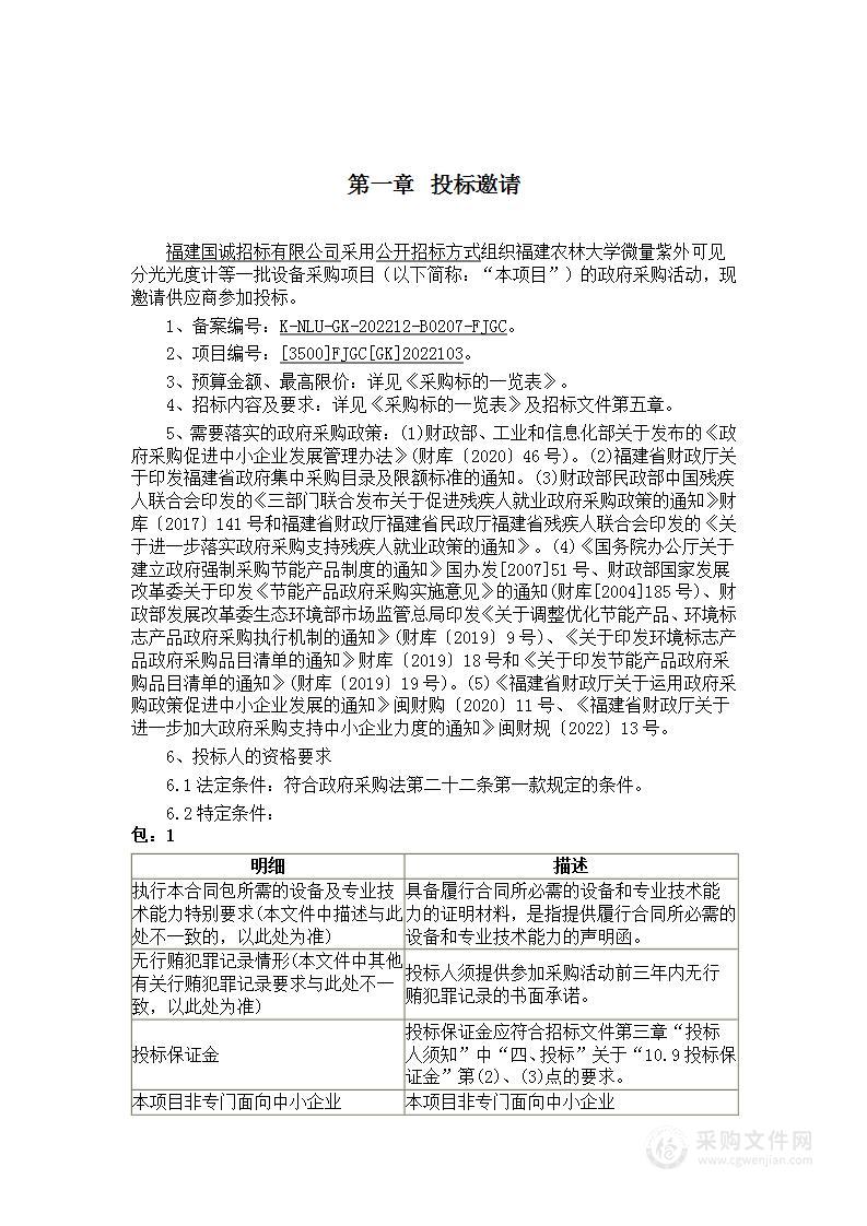 福建农林大学微量紫外可见分光光度计等一批设备采购项目