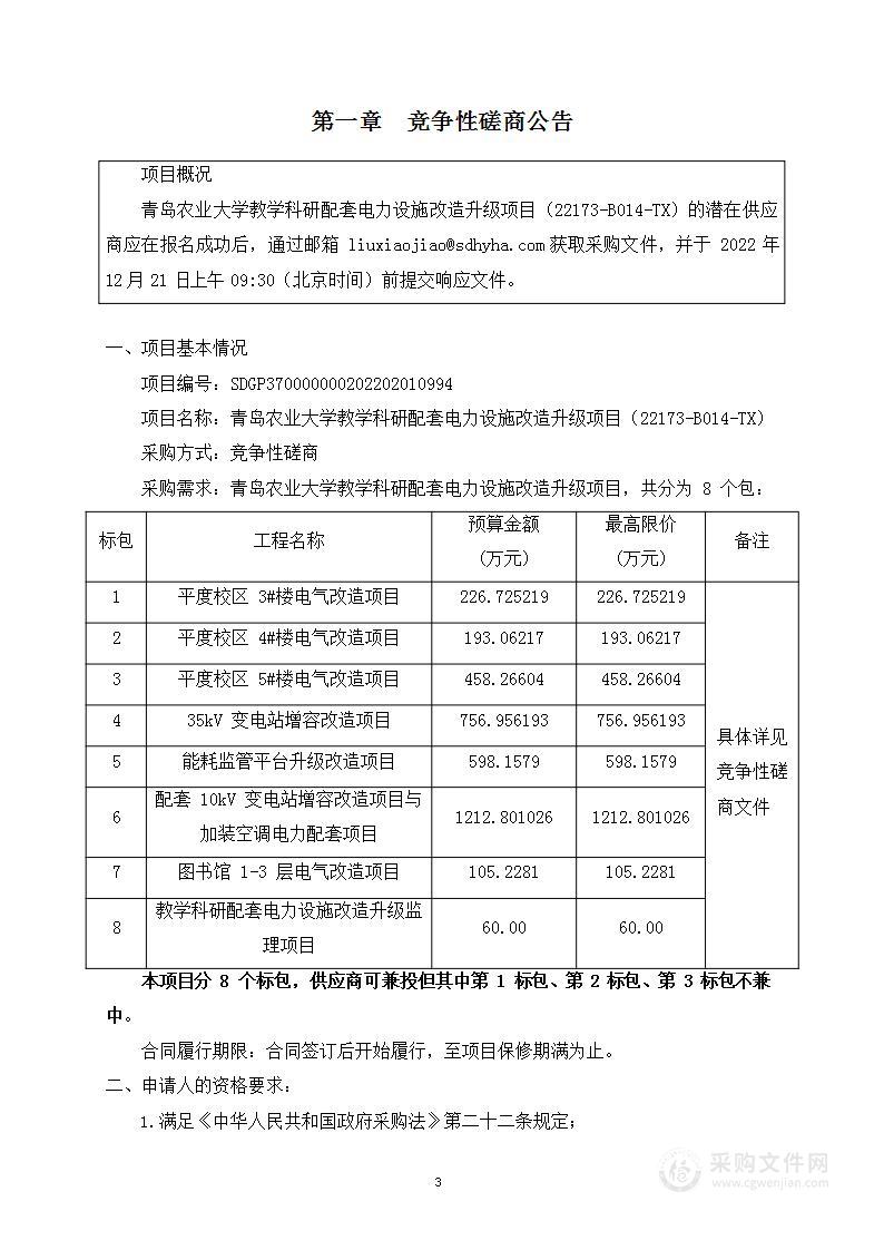 青岛农业大学教学科研配套电力设施改造升级项目（22173-B014-TX）