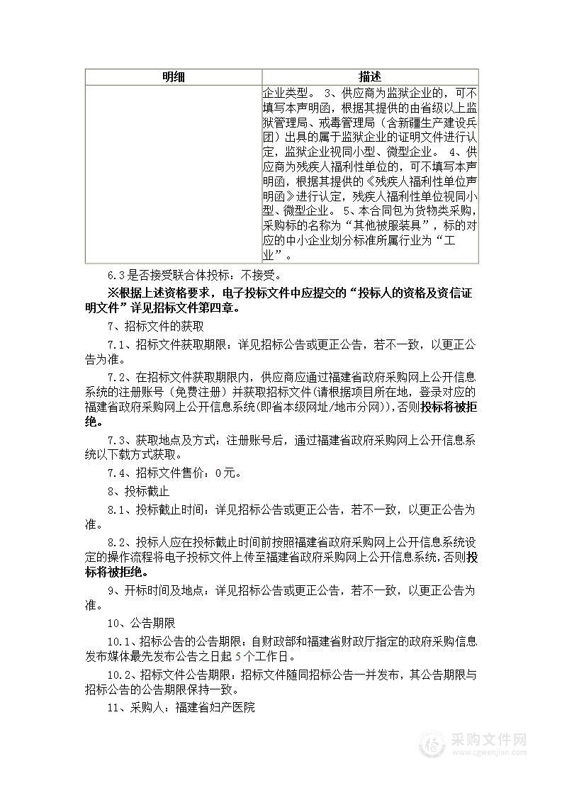 福建省妇产医院其他被服货物类采购项目