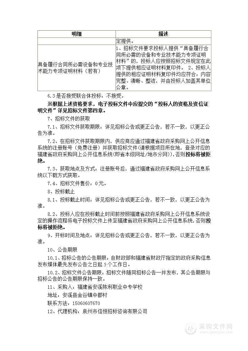 福建省安溪陈利职业中专学校陈利职校平面设计、零部件测绘工作站、电脑机房等设备采购货物类采购项目