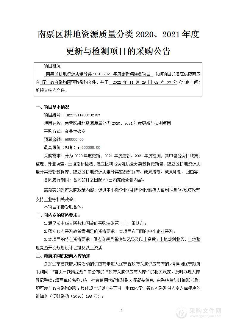 南票区耕地资源质量分类2020、2021年度更新与检测项目