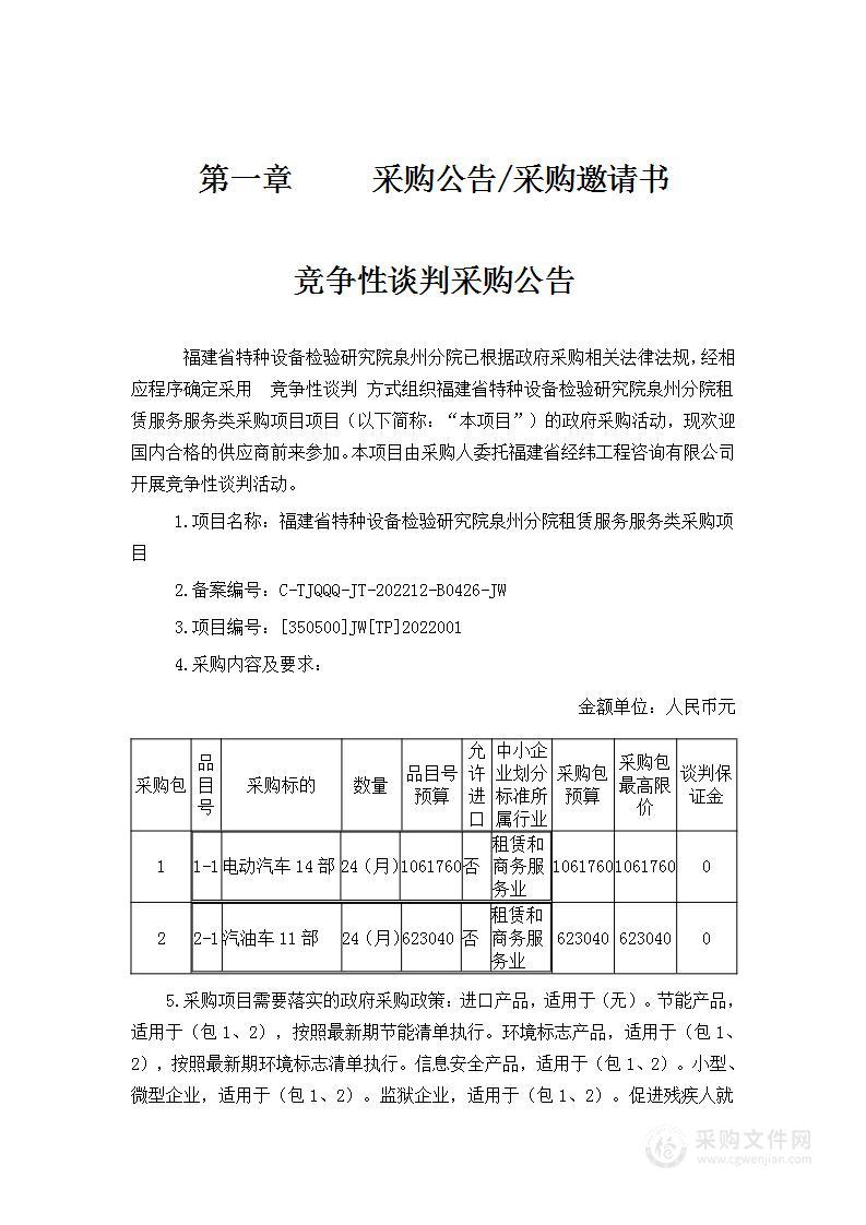 福建省特种设备检验研究院泉州分院租赁服务服务类采购项目