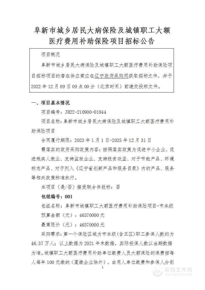 阜新市城乡居民大病保险及城镇职工大额医疗费用补助保险项目