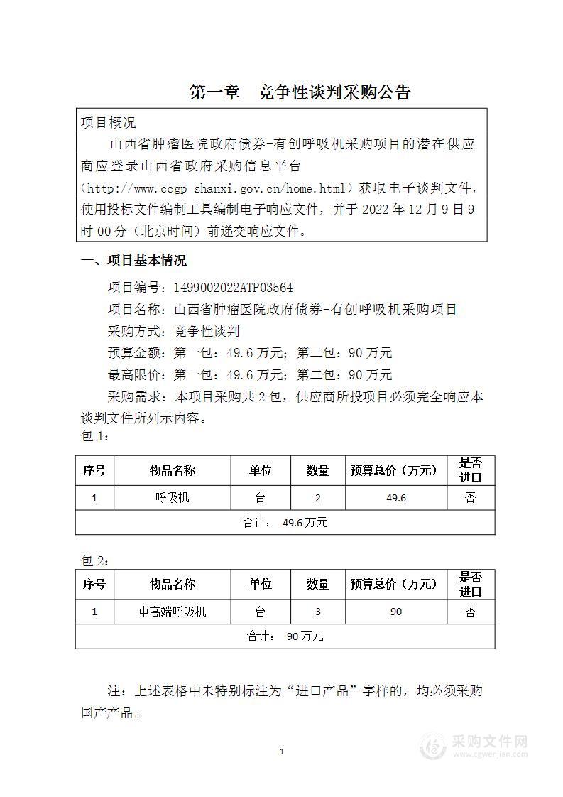 山西省肿瘤医院政府债券-有创呼吸机采购项目