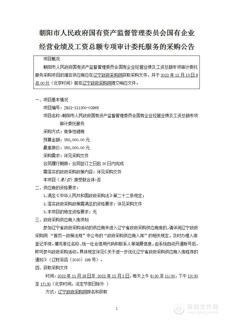 朝阳市人民政府国有资产监督管理委员会国有企业经营业绩及工资总额专项审计委托服务