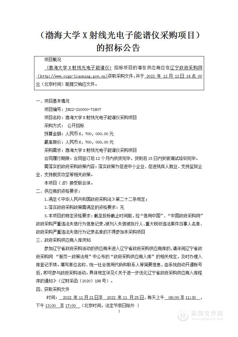 渤海大学X射线光电子能谱仪采购项目