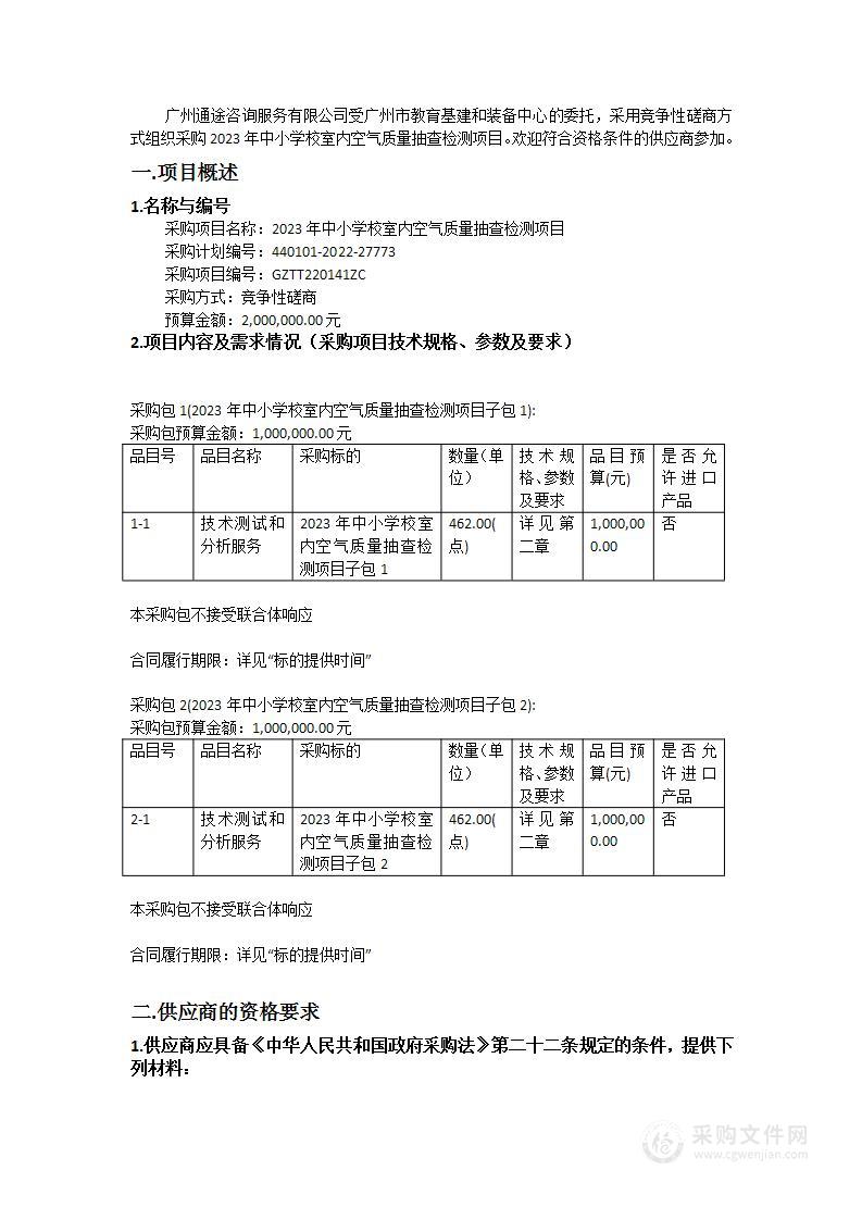 2023年中小学校室内空气质量抽查检测项目