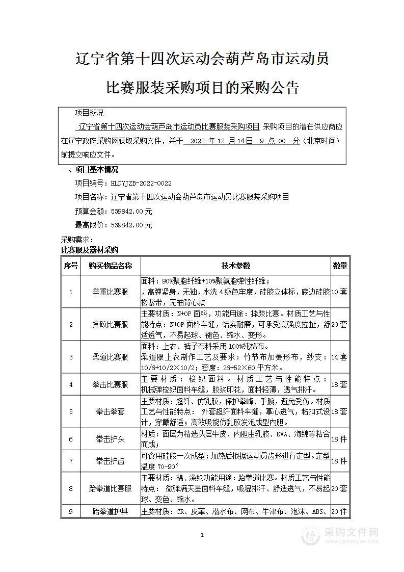 辽宁省第十四次运动会葫芦岛市运动员比赛服装采购项目