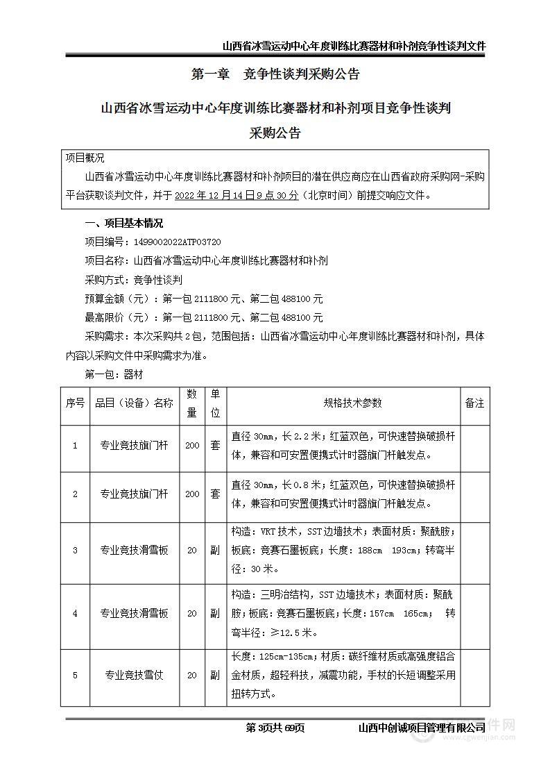 山西省冰雪运动中心年度训练比赛器材和补剂