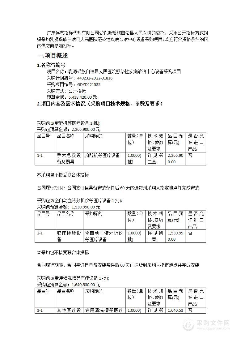 乳源瑶族自治县人民医院感染性疾病诊治中心设备采购项目