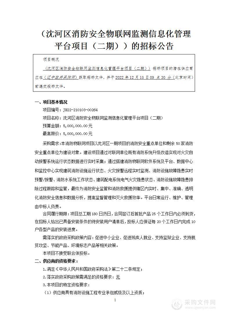 沈河区消防安全物联网监测信息化管理平台项目（二期）