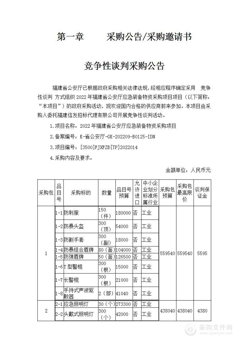 2022年福建省公安厅应急装备物资采购项目