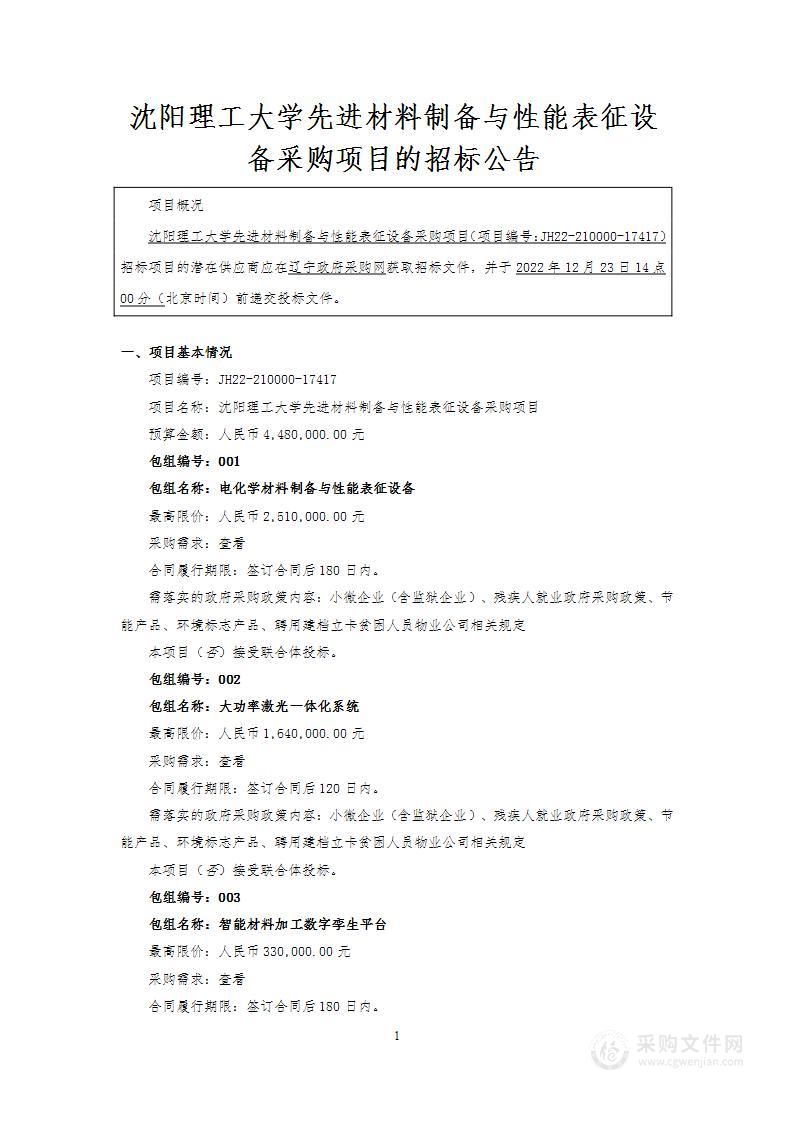 沈阳理工大学先进材料制备与性能表征设备采购项目