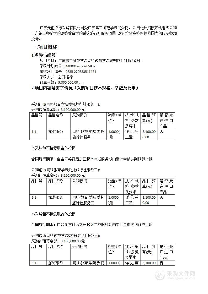 广东第二师范学院网络教育学院采购旅行社服务项目