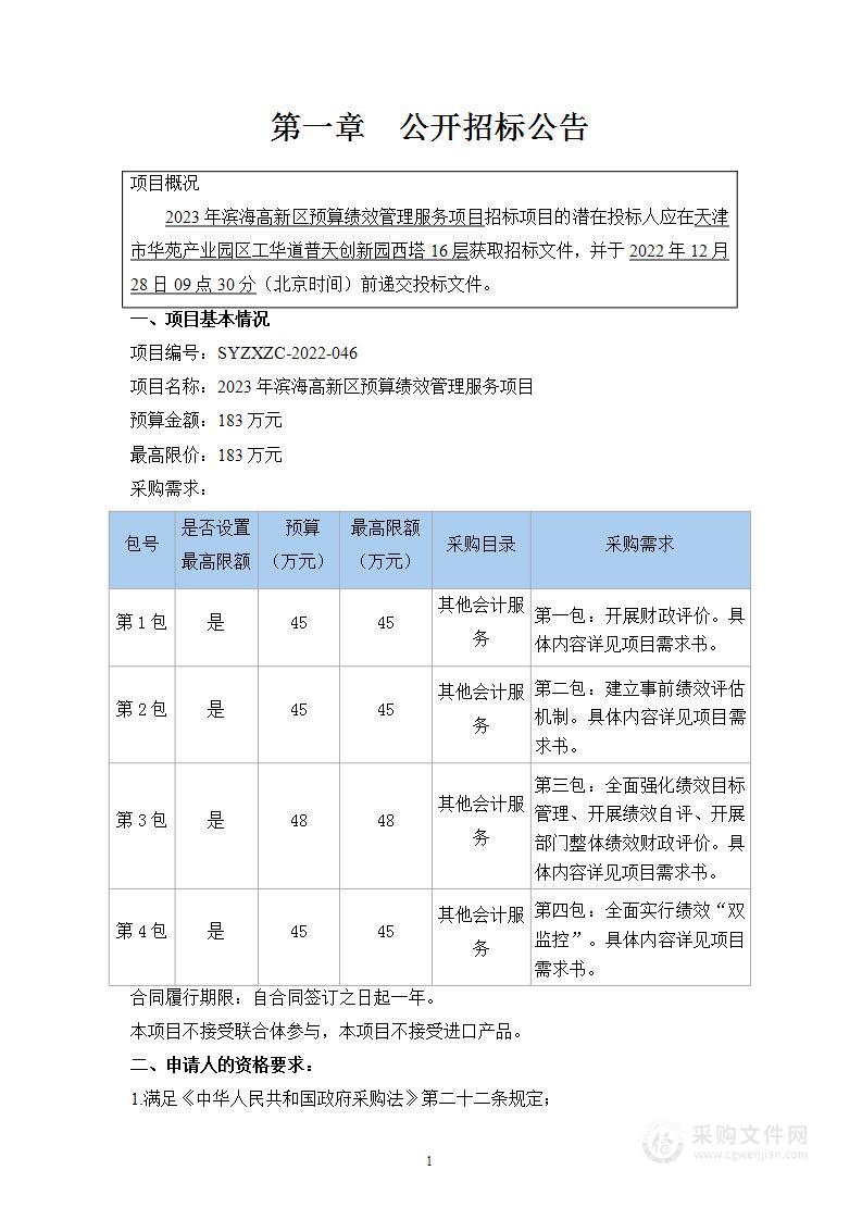 2023年滨海高新区预算绩效管理服务项目