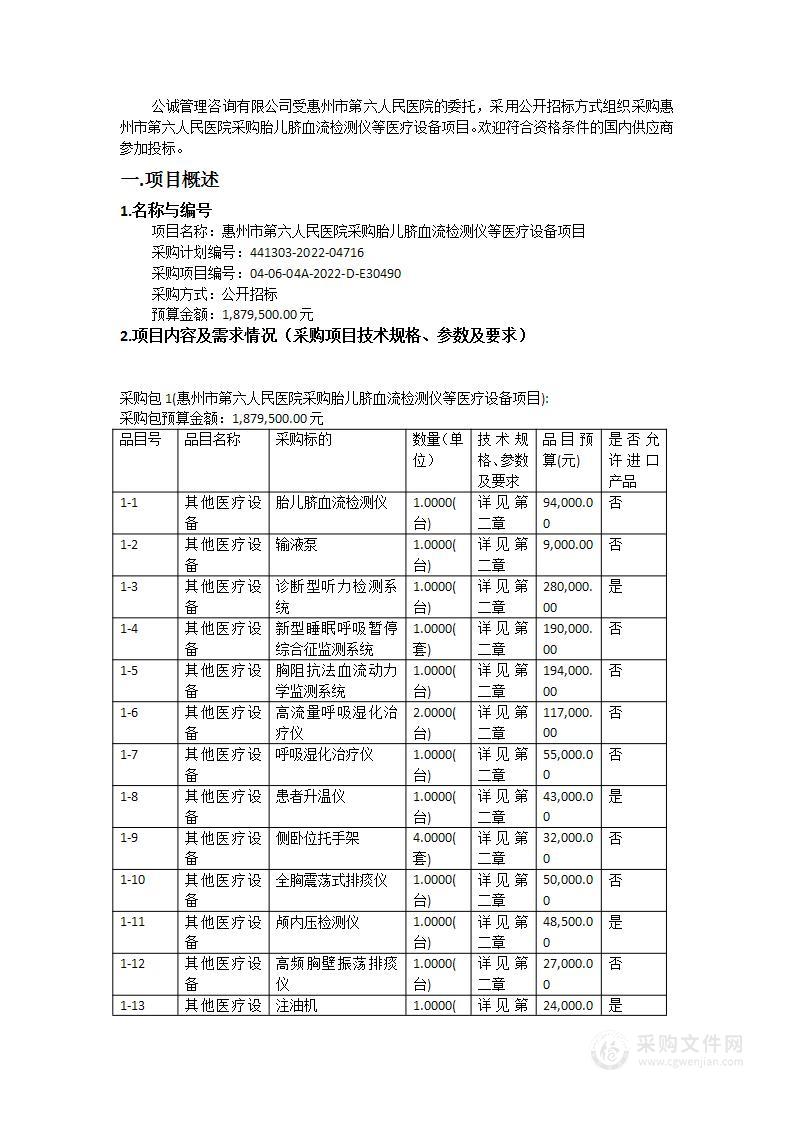 惠州市第六人民医院采购胎儿脐血流检测仪等医疗设备项目