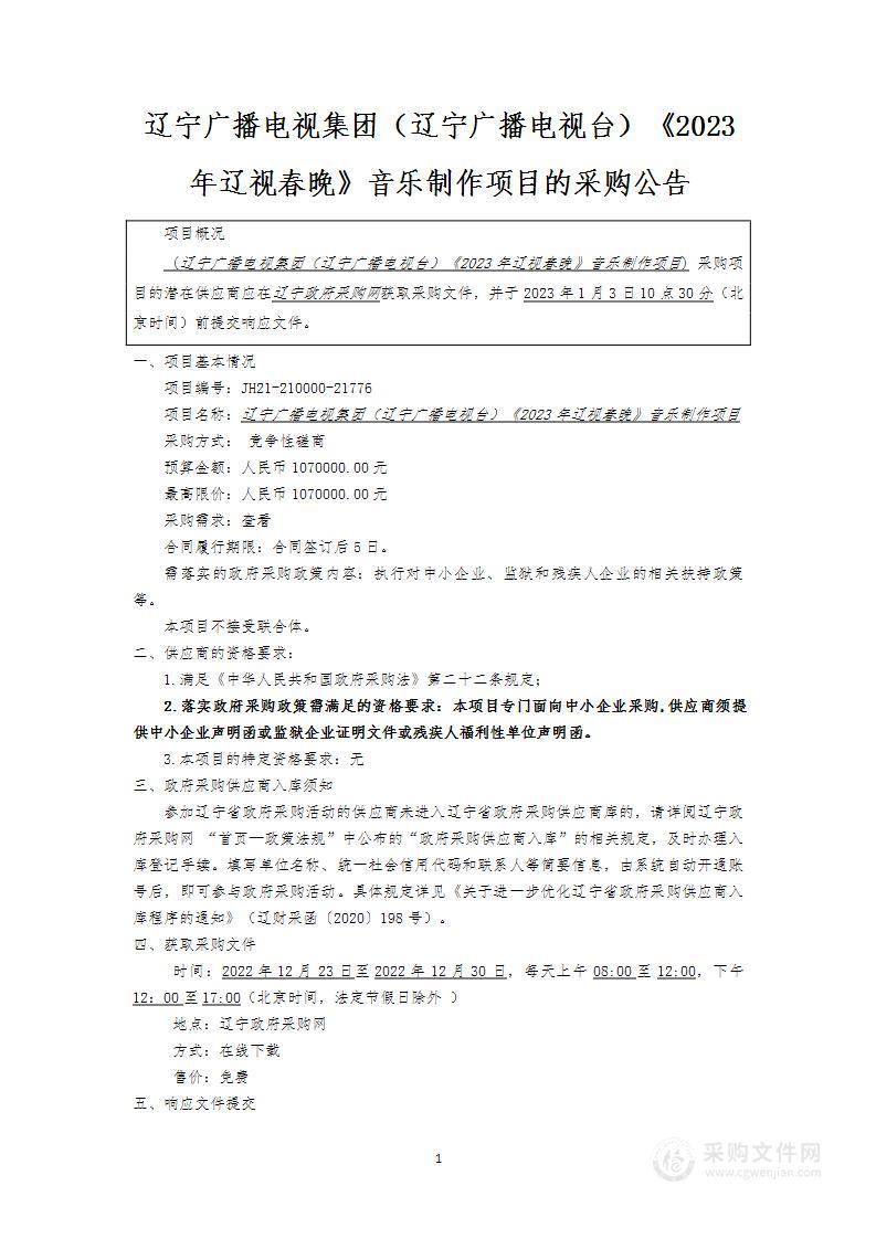 辽宁广播电视集团（辽宁广播电视台）《2023年辽视春晚》音乐制作项目