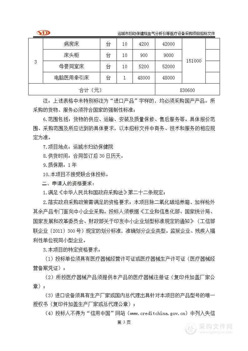 运城市妇幼保健院血气分析仪等医疗设备采购项目