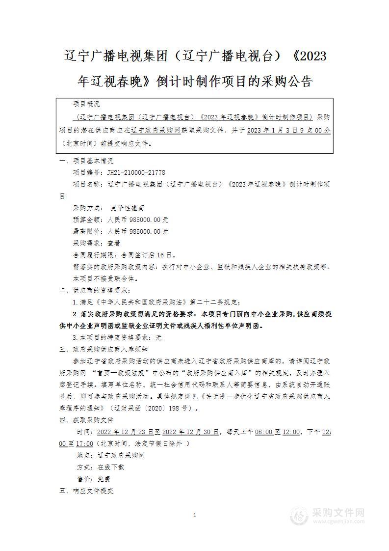 辽宁广播电视集团（辽宁广播电视台）《2023年辽视春晚》倒计时制作项目