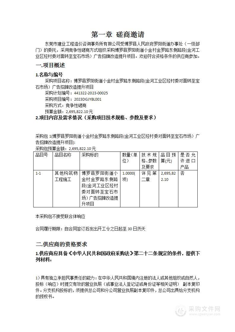 博罗县罗阳街道小金村金罗路东侧路段(金河工业区经村委对面转至宝石市场）广告招牌改造提升项目