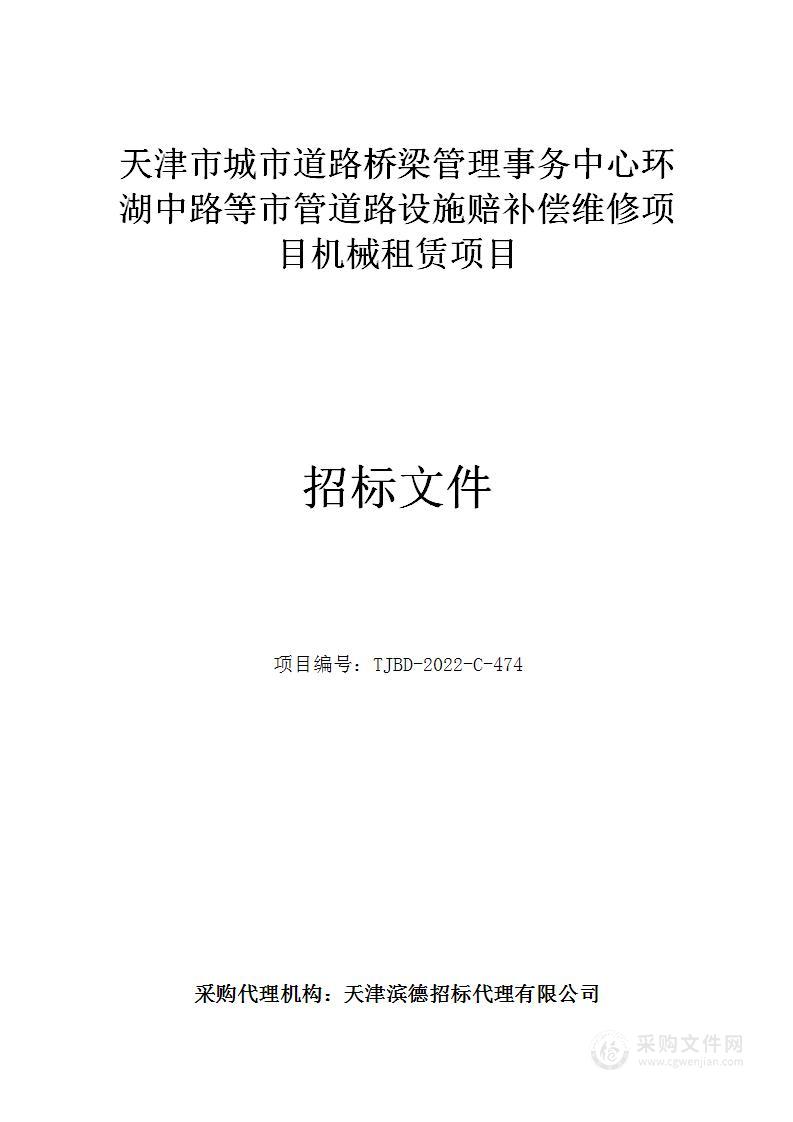 天津市城市道路桥梁管理事务中心环湖中路等市管道路设施赔补偿维修项目机械租赁项目