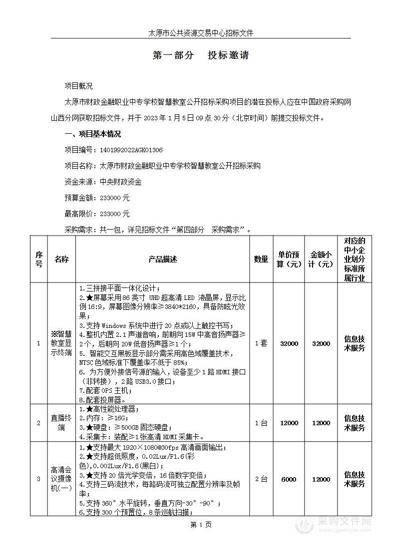 太原市财政金融职业中专学校智慧教室公开招标采购