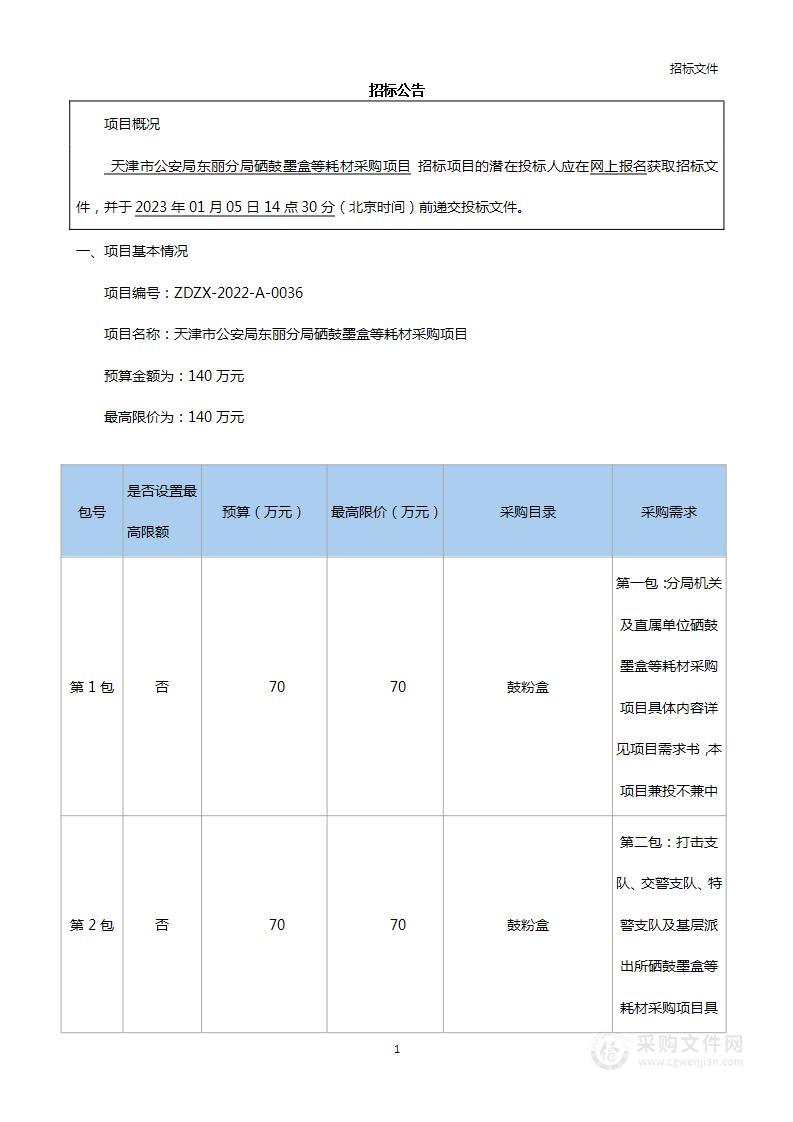 天津市公安局东丽分局硒鼓墨盒等耗材采购项目