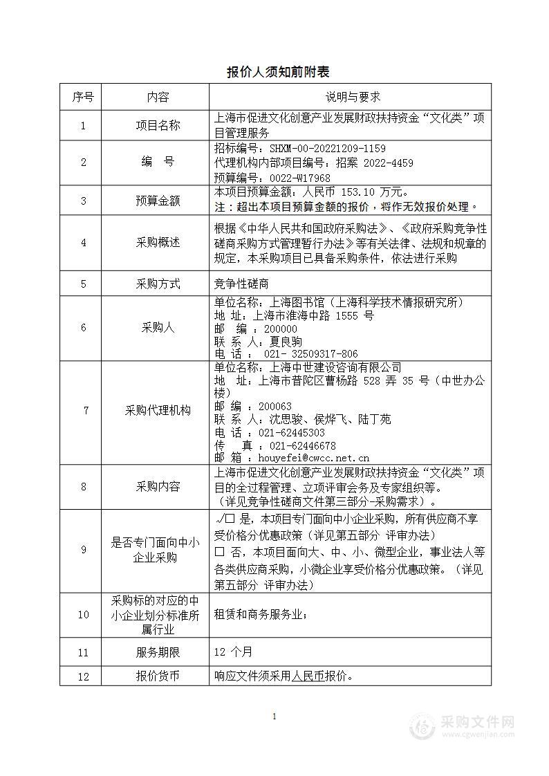 上海市促进文化创意产业发展财政扶持资金“文化类”项目管理服务