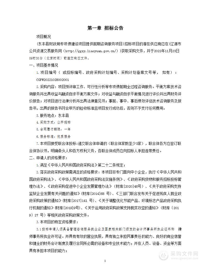 东丰县财政局专项债建设项目提供前期咨询服务项目