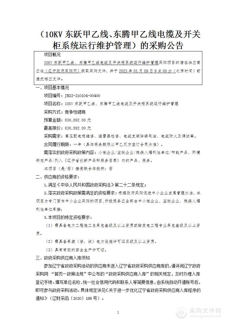 10KV东跃甲乙线、东腾甲乙线电缆及开关柜系统运行维护管理