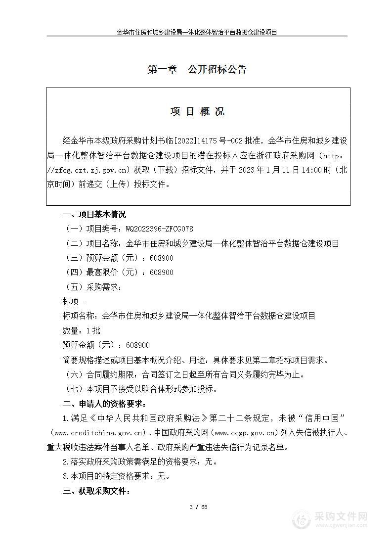 金华市住房和城乡建设局一体化整体智治平台数据仓建设项目