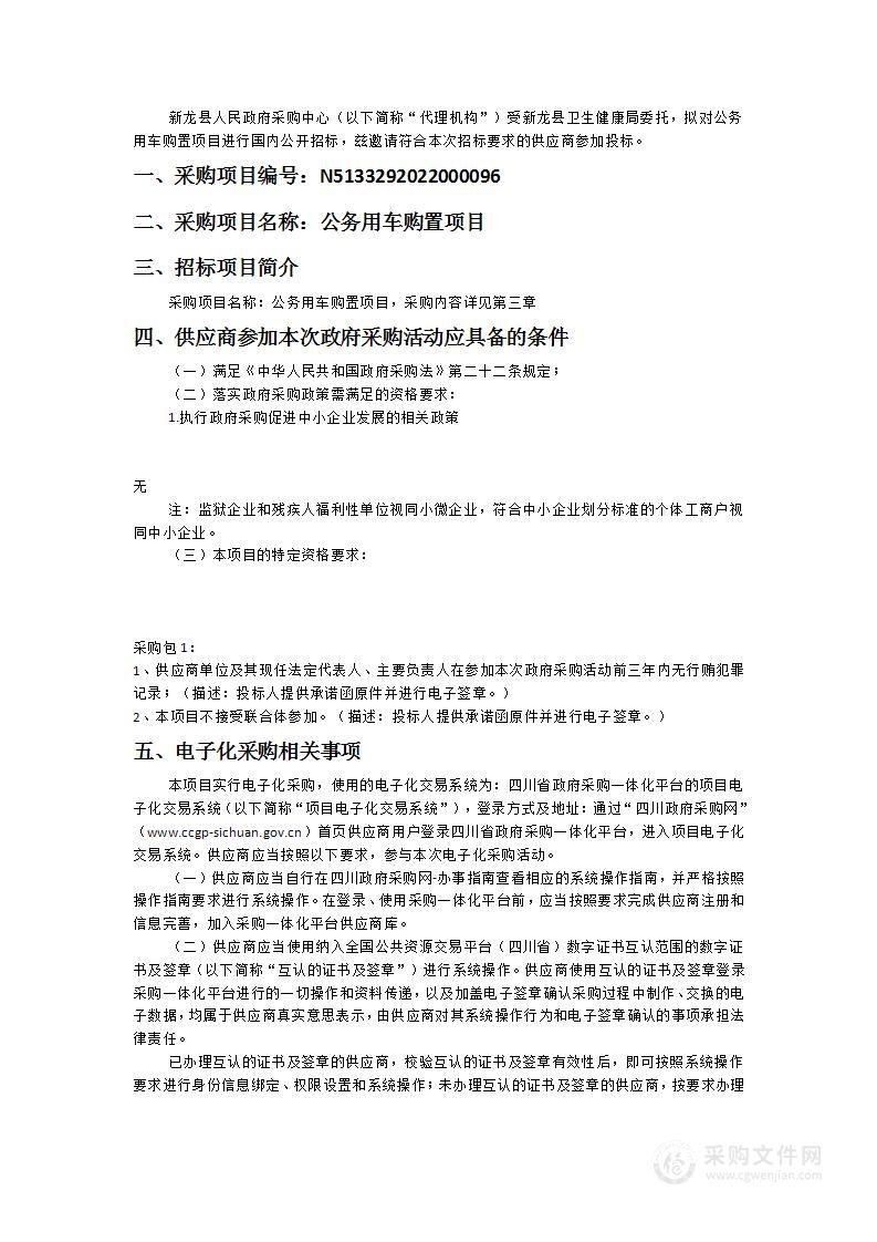 新龙县卫生健康局公务用车购置项目