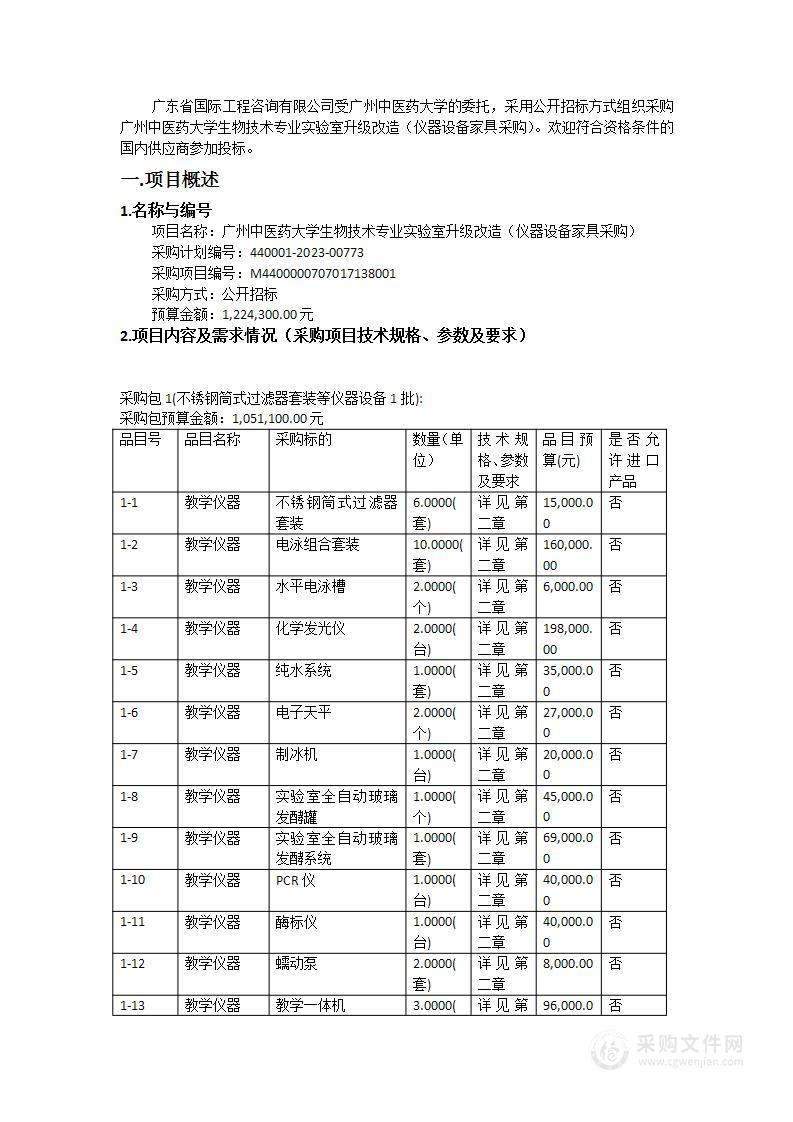 广州中医药大学生物技术专业实验室升级改造（仪器设备家具采购）