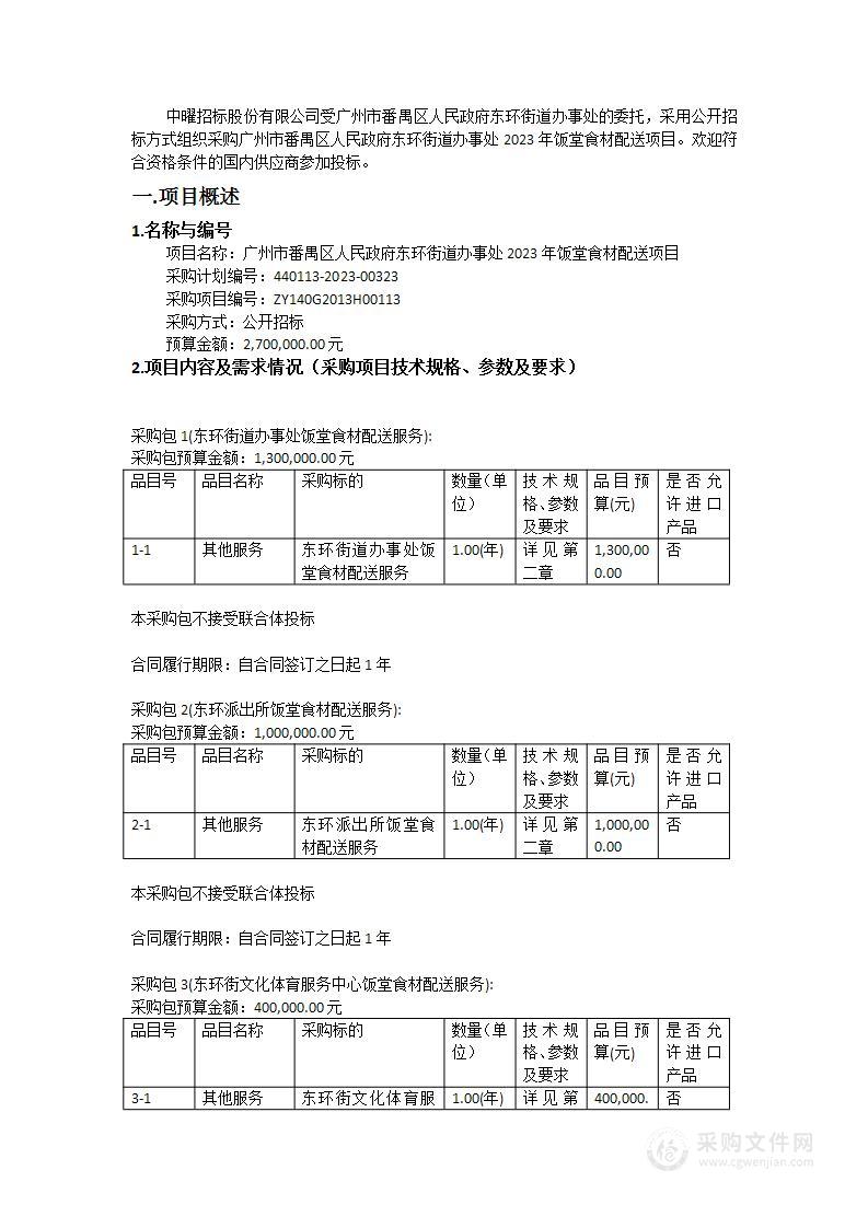 广州市番禺区人民政府东环街道办事处2023年饭堂食材配送项目