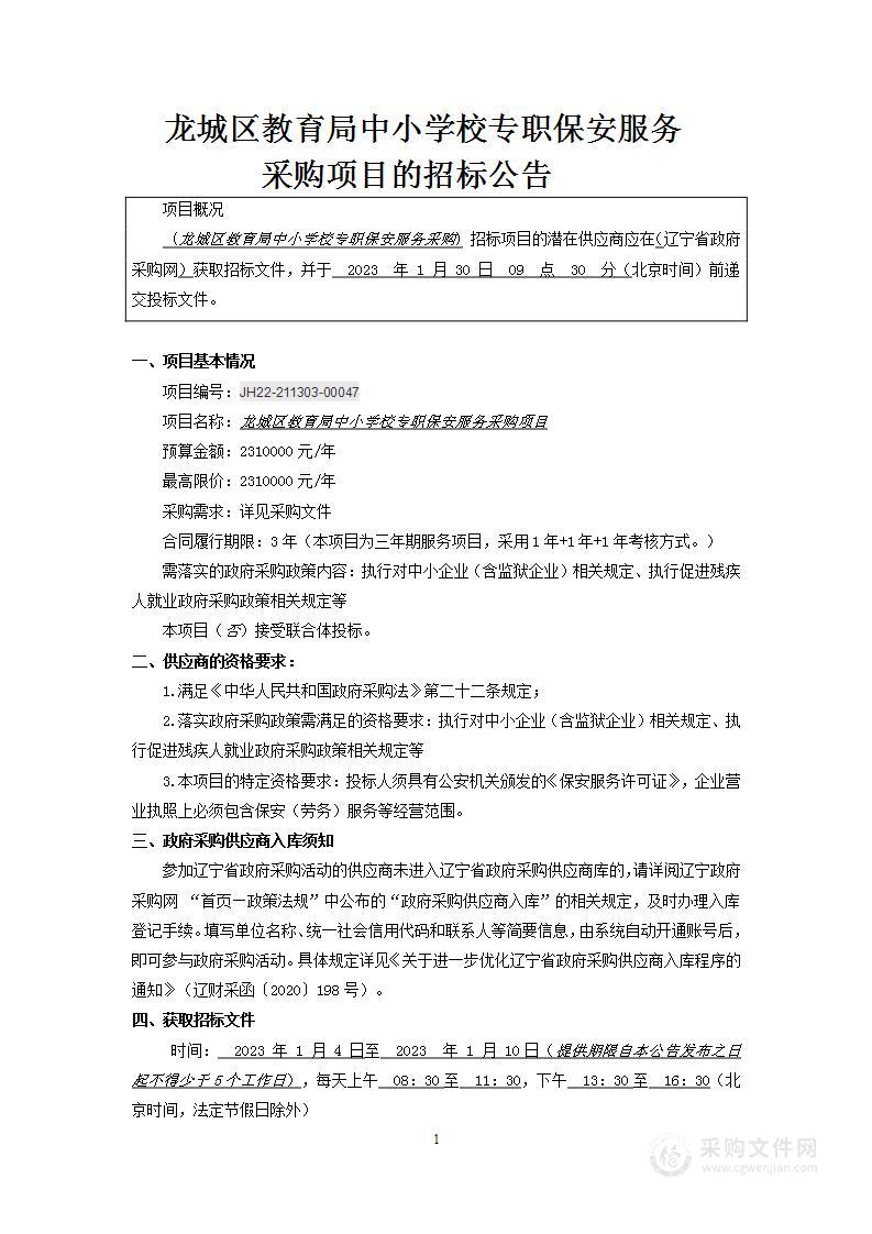 龙城区教育局中小学校专职保安服务采购项目