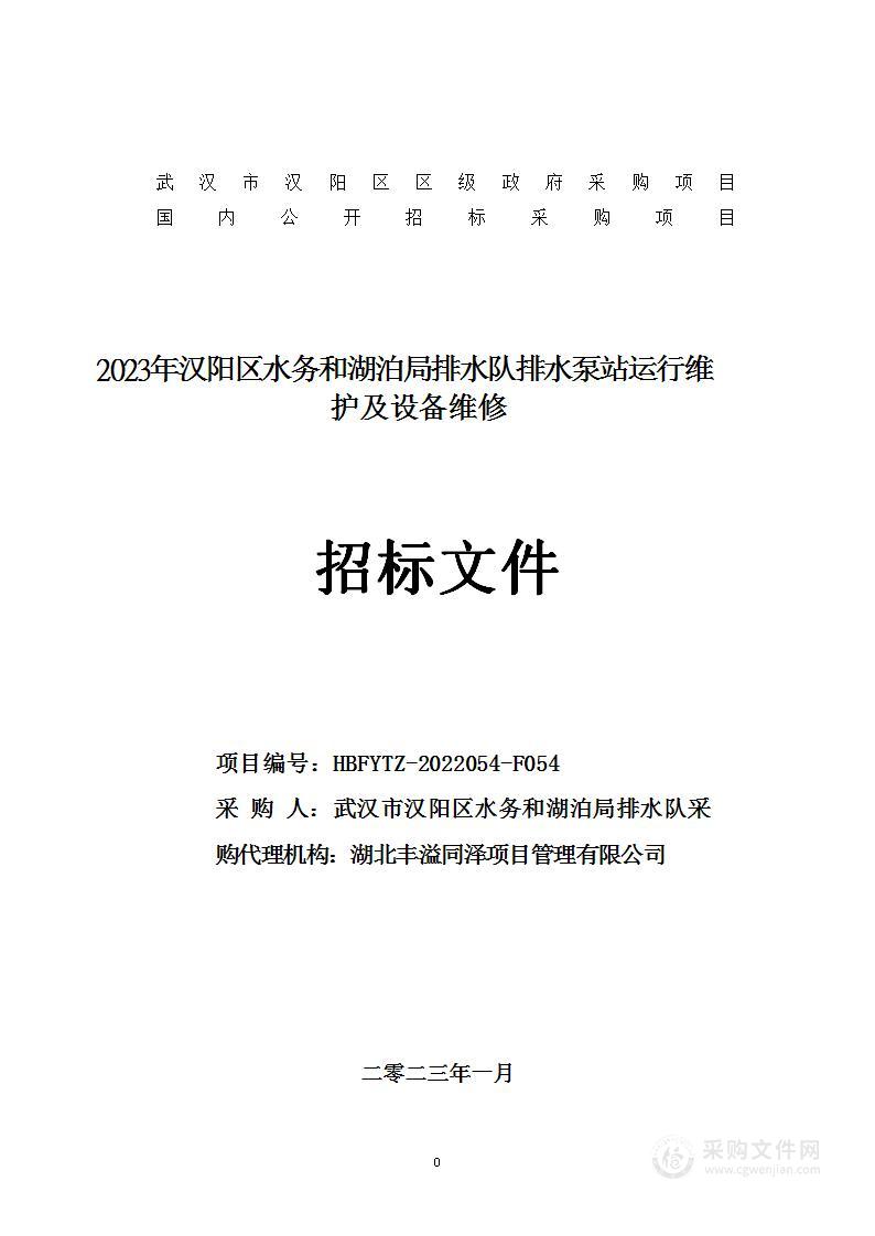 2023年汉阳区水务和湖泊局排水队排水泵站运行维护及设备维修