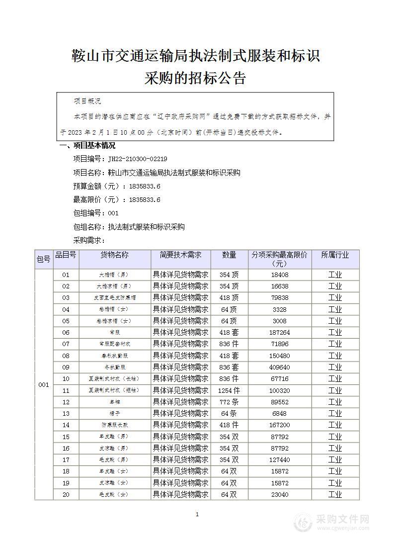 鞍山市交通运输局执法制式服装和标识采购项目