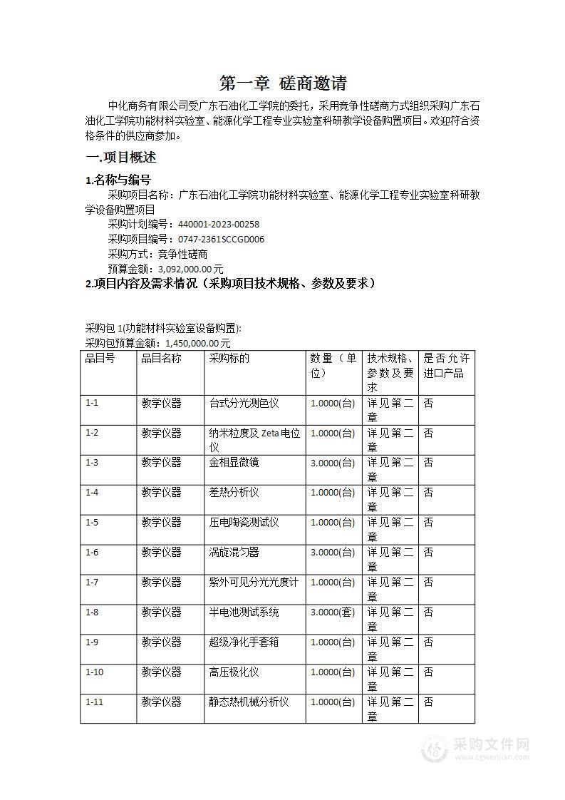 广东石油化工学院功能材料实验室、能源化学工程专业实验室科研教学设备购置项目