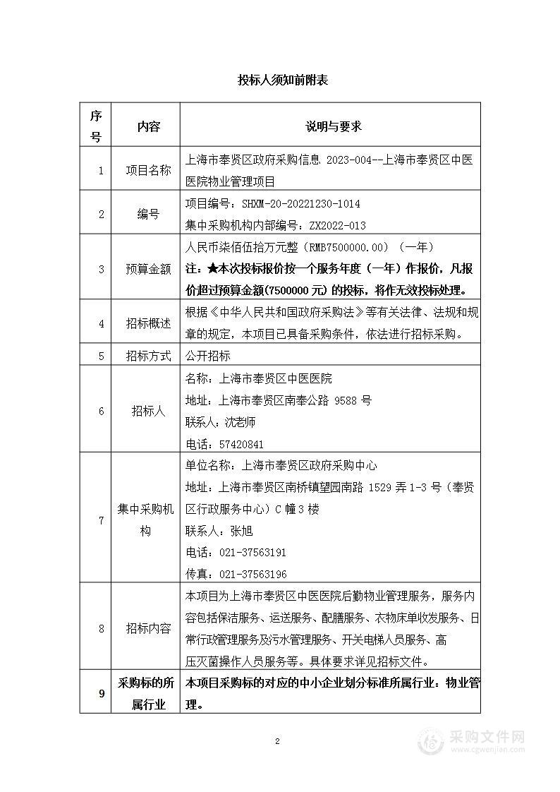 上海市奉贤区政府采购信息 2023-004--上海市奉贤区中医医院物业管理项目