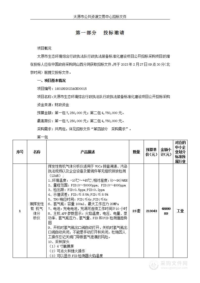 太原市生态环境综合行政执法队行政执法装备标准化建设项目