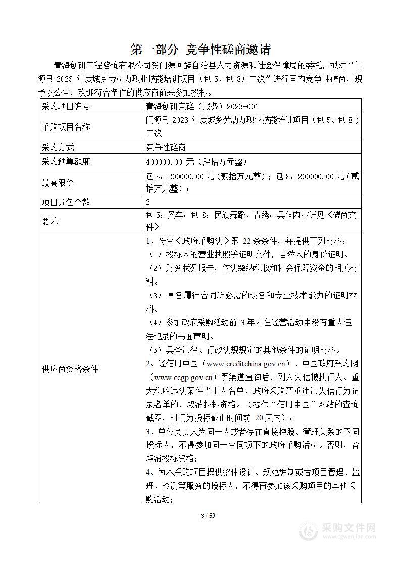 门源县2023年度城乡劳动力职业技能培训项目（包5、包8）