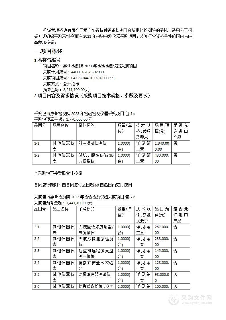 惠州检测院2023年检验检测仪器采购项目