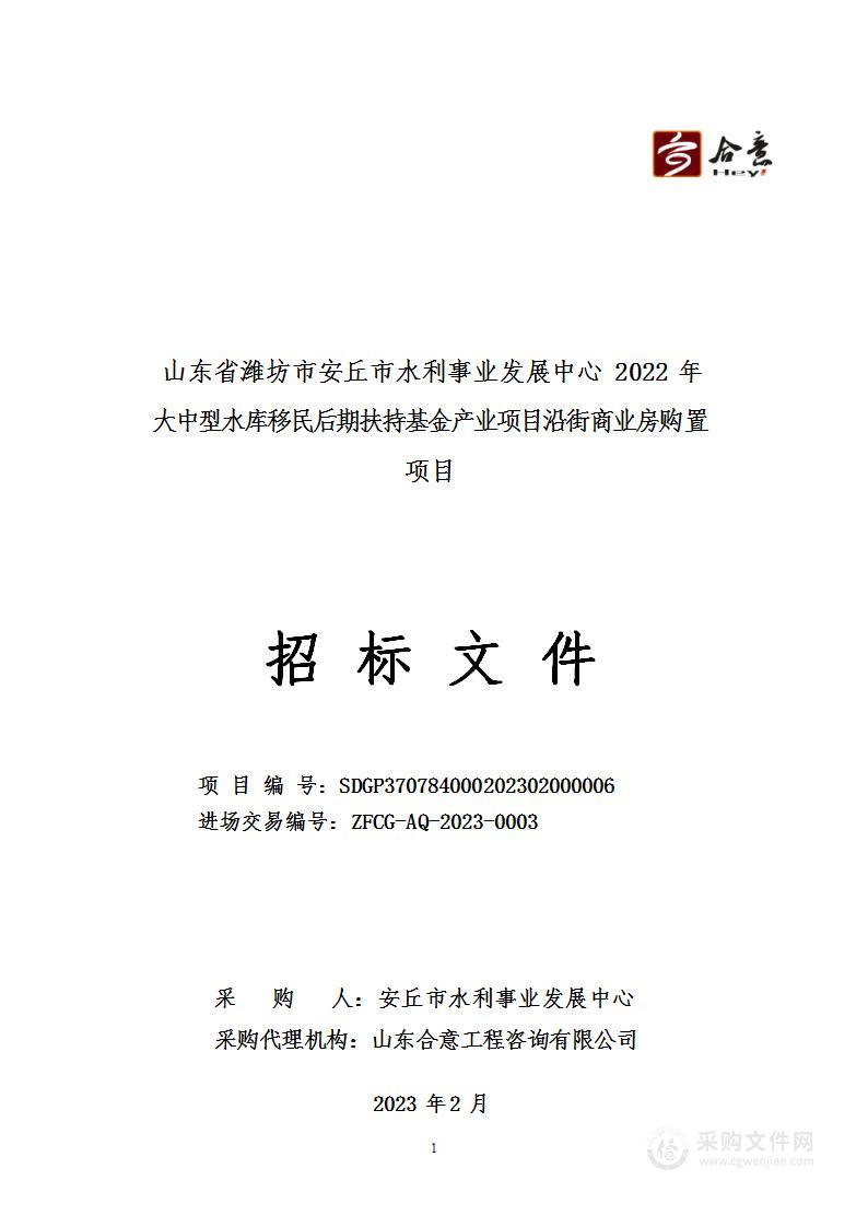 山东省潍坊市安丘市水利事业发展中心2022年大中型水库移民后期扶持基金产业项目沿街商业房购置项目