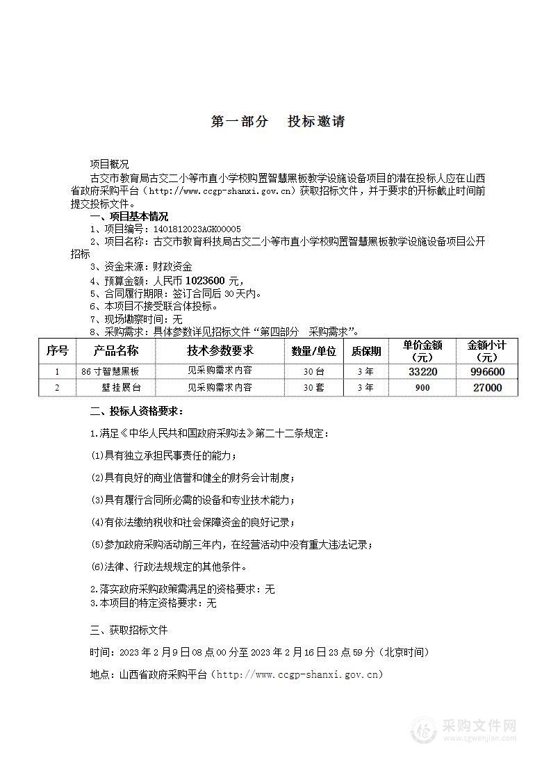 古交市教育科技局为古交二小等市直小学校购置86寸智慧黑板30套（含展台）项目