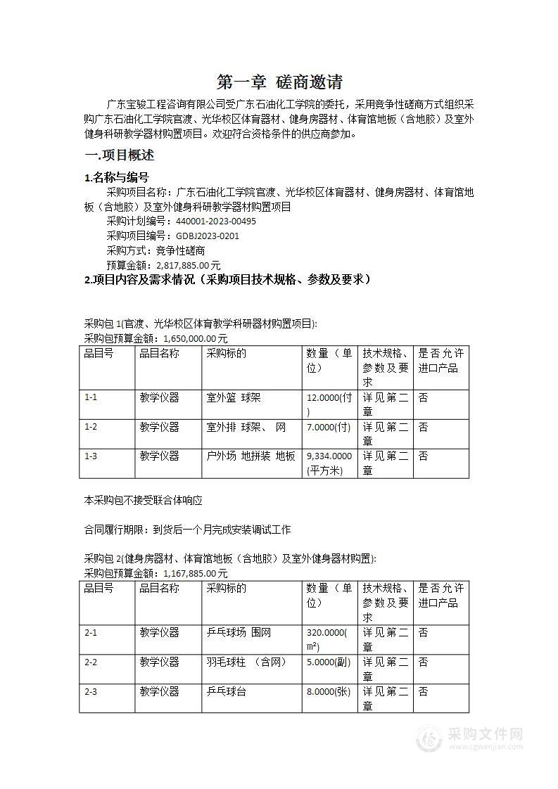 广东石油化工学院官渡、光华校区体育器材、健身房器材、体育馆地板（含地胶）及室外健身科研教学器材购置项目