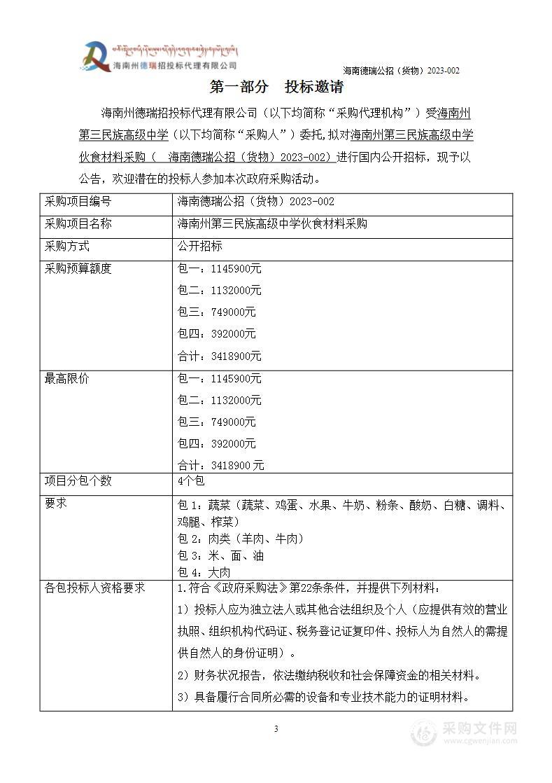 海南州第三民族高级中学伙食材料采购