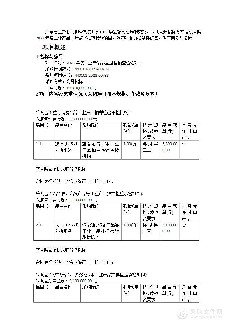 2023年度工业产品质量监督抽查检验项目