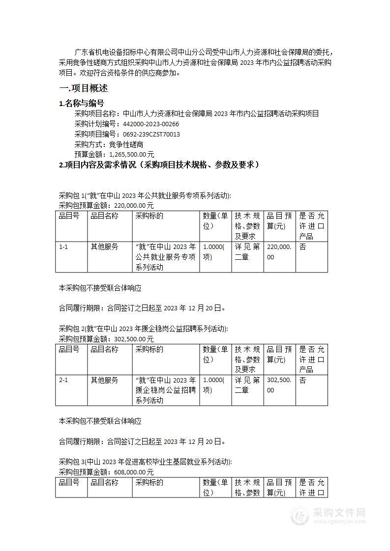 中山市人力资源和社会保障局2023年市内公益招聘活动采购项目